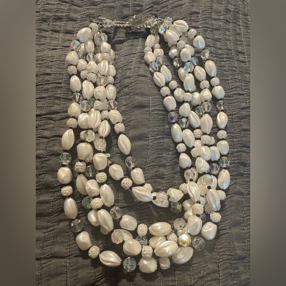 Vintage Vendôme 4-Strand White Pearlized & Crystal Bead Statement Necklace - Picture 5 of 14
